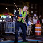 Members of New York City’s Department of Transportation paint the crosswalk outside of Stonewall Inn with the colors of the pride flag in honor of pride week on June 25, 2017 (Benjamin Kanter/Mayoral Photo Office)